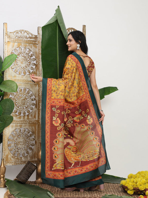 Shivam Fabrics Yellow Tussar Silk Fabric Printed Saree