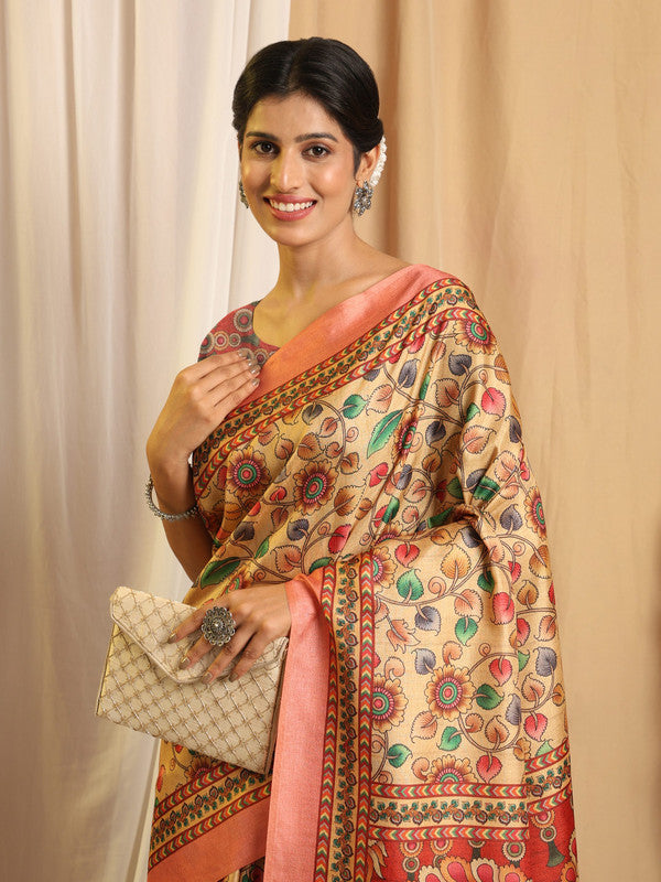 Shivam Fabrics Beige Tussar Silk Fabric Printed Saree