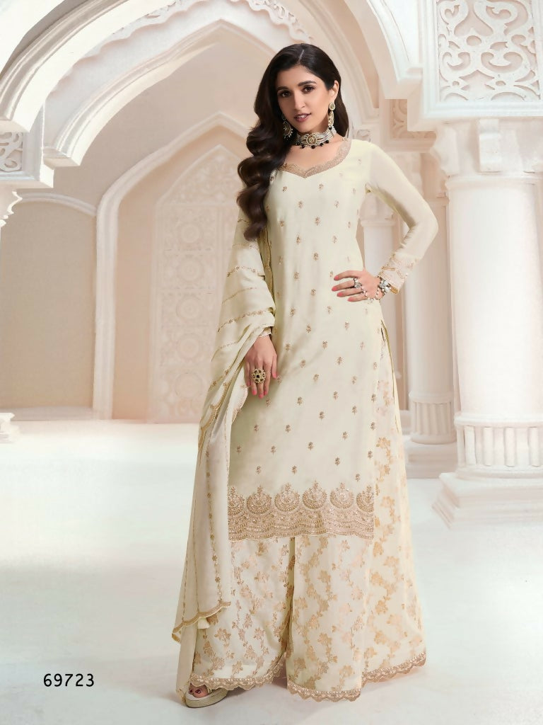 Vastranavya Exquisite Off White Heavy Chinon with Embroidered & Sequins Work Salwar Suits
