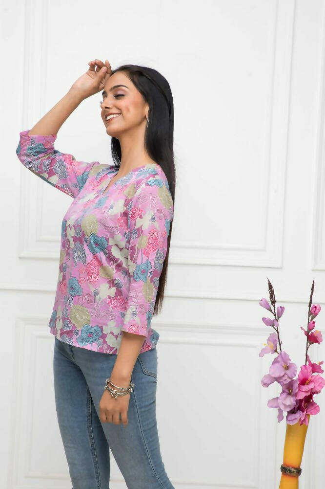 Myshka Women Multi Floral V-Neck Regular Sleeves Viscose Rayon Top