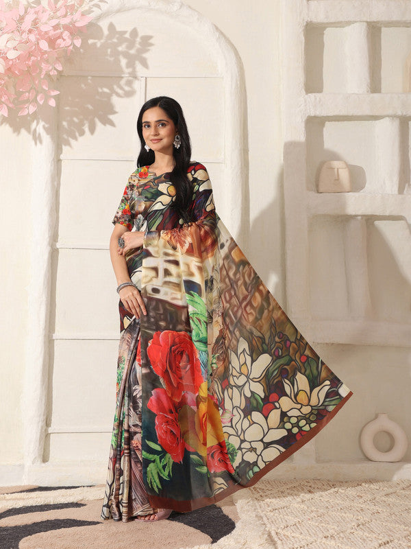 Shivam Fabrics Multi Color Turkey Fabric Printed Saree