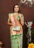 Lorenvalley Fashion Seagreen Cotton with Woven Design Zari Weaving Saree
