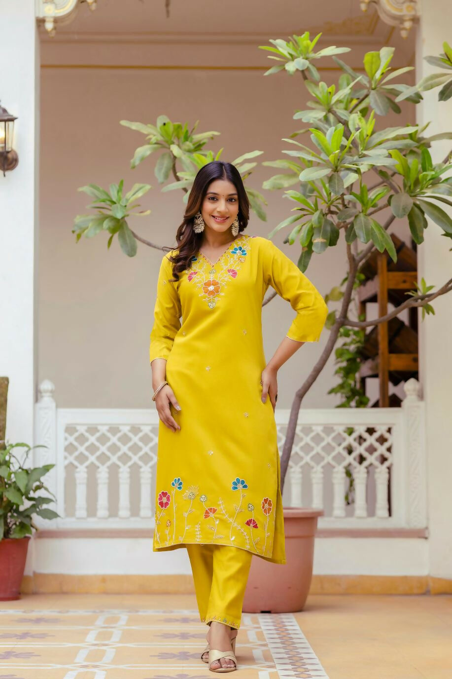 The52 Yellow Women's Gorgeous Embroidered work Viscose Gadhwal Fabric Straight Kurta, Pant and Dupatta Set
