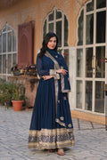 Jyoti Fashion Women's Blue Faux Blooming Sequins Zari Embroidered Long Anarkali Sets