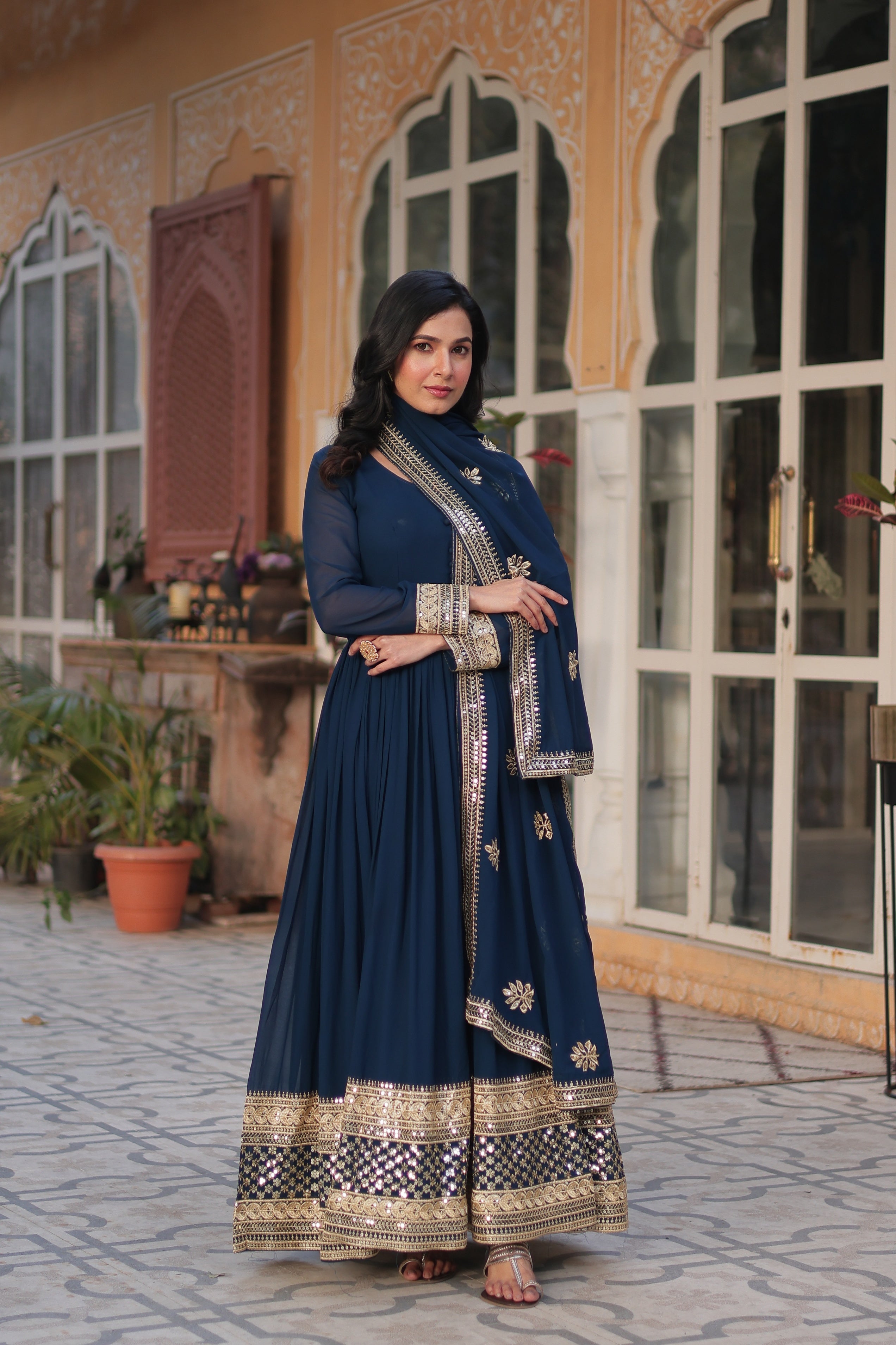 Jyoti Fashion Women's Blue Faux Blooming Sequins Zari Embroidered Long Anarkali Sets
