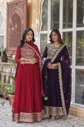 Jyoti Fashion Women's Maroon & Wine Faux Blooming Sequins Zari Embroidered Combo Anarkali Sets