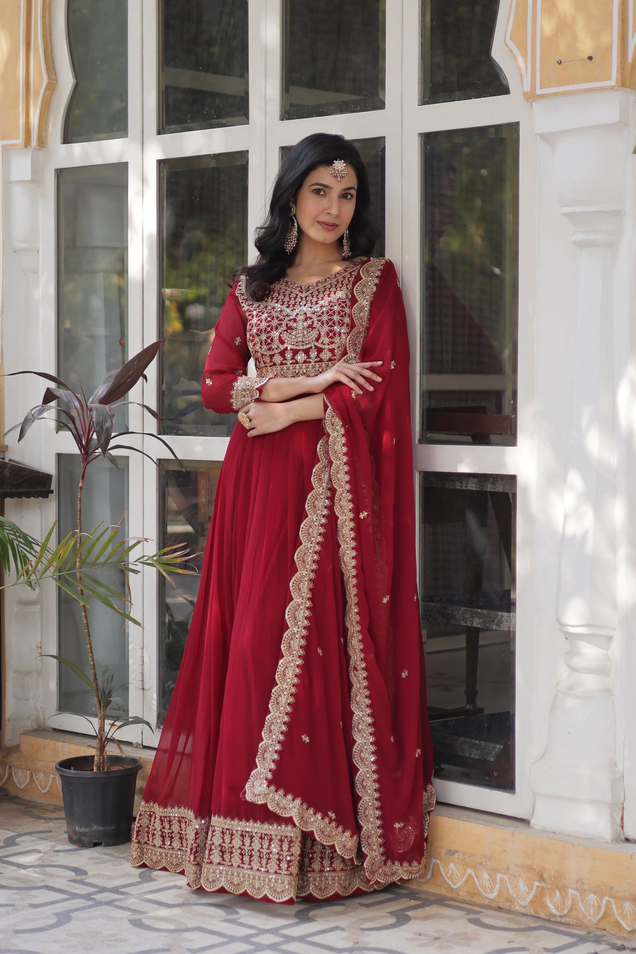 Jyoti Fashion Women's Maroon Faux Blooming Sequins Zari Embroidered Long Anarkali Sets