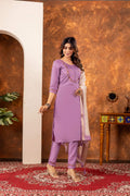 Sonakshi Women's Lavender Marina Silk Multi Embroidered Thread With Hand Work Kurta Set With Dupatta
