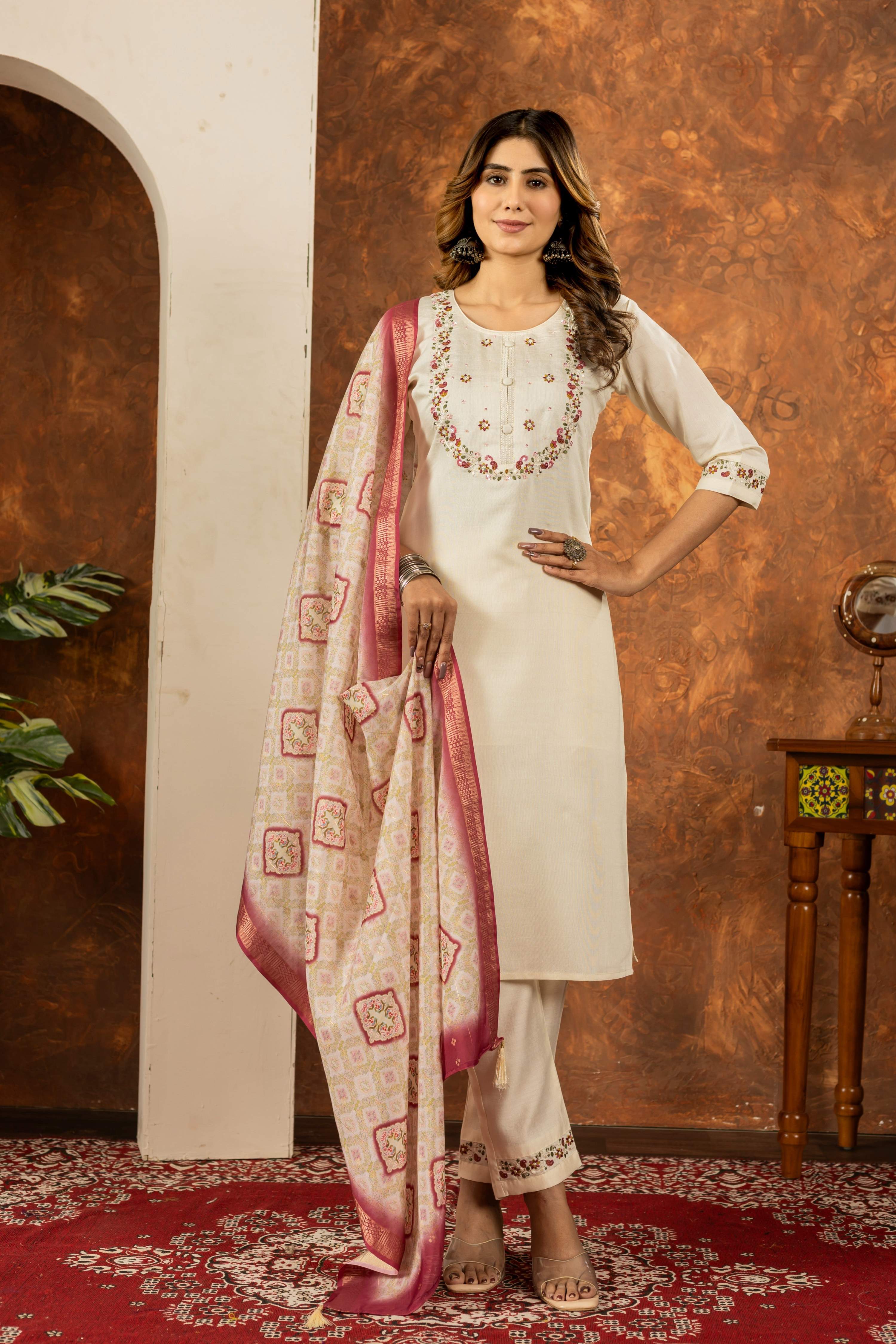 Sonakshi Women's Off White Marina Silk Multi Embroidered Thread With Hand Work Kurta Set With Dupatta