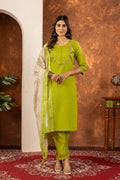 Sonakshi Women's Parrot Marina Silk Multi Embroidered Thread With Hand Work Kurta Set With Dupatta