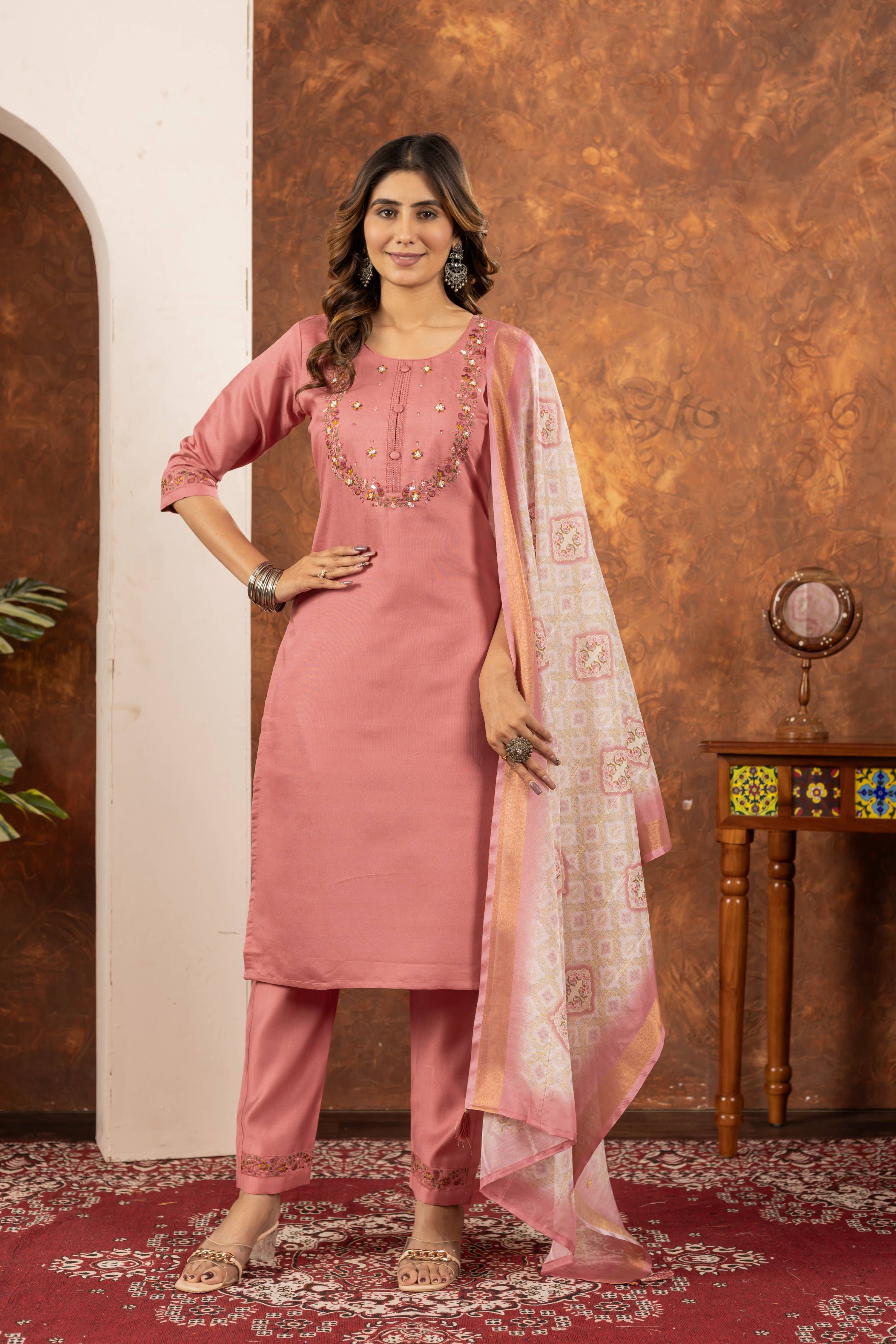Sonakshi Women's Peach Marina Silk Multi Embroidered Thread With Hand Work Kurta Set With Dupatta