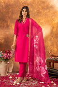 Sonakshi Women's Pink Roman Silk Multi Embroidered Sequins With Hand Work Kurta Set With Dupatta