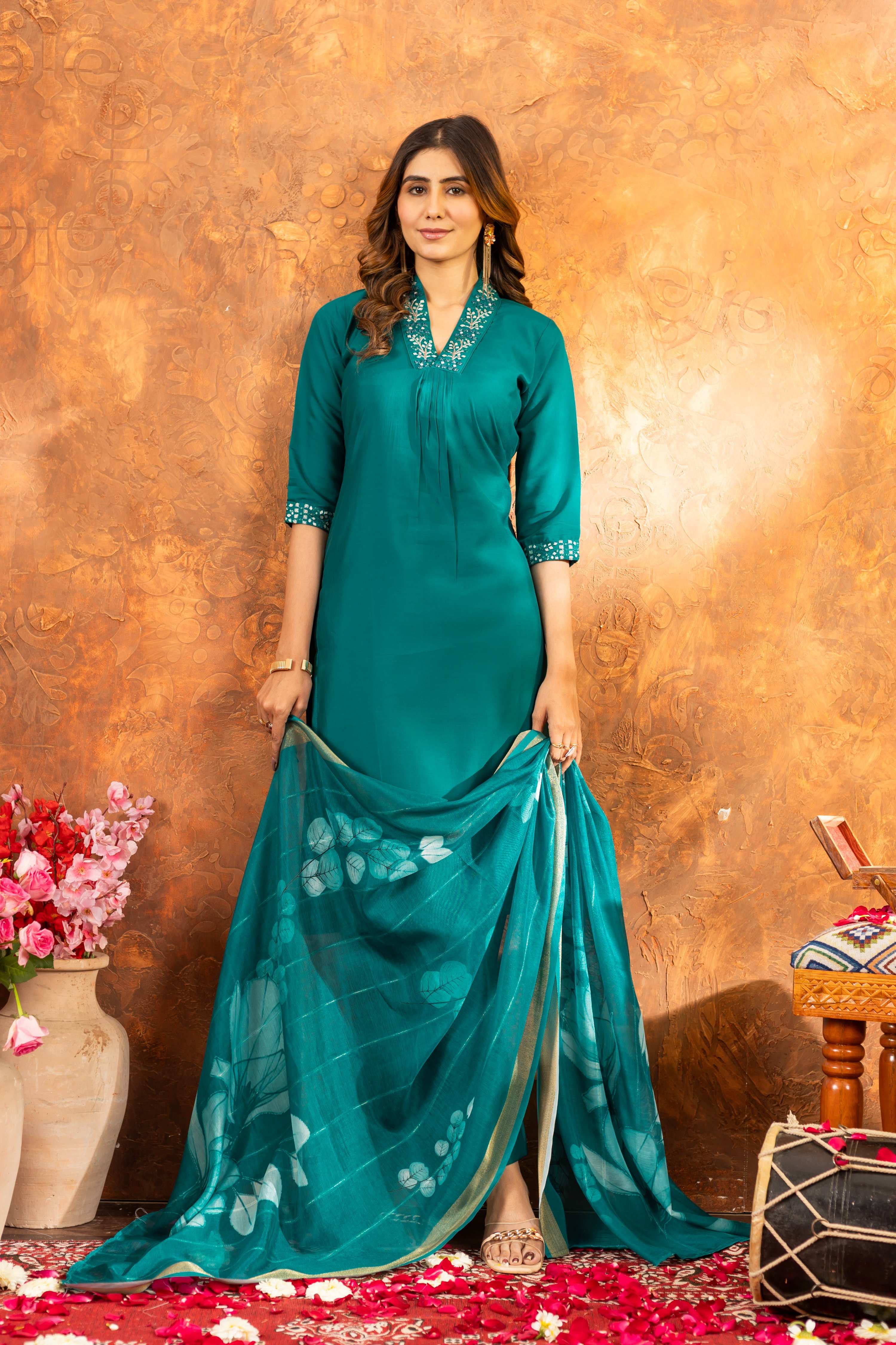 Sonakshi Women's Rama Roman Silk Multi Embroidered Sequins With Hand Work Kurta Set With Dupatta