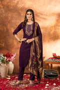Sonakshi Women's Wine Roman Silk Multi Embroidered Sequins With Hand Work Kurta Set With Dupatta