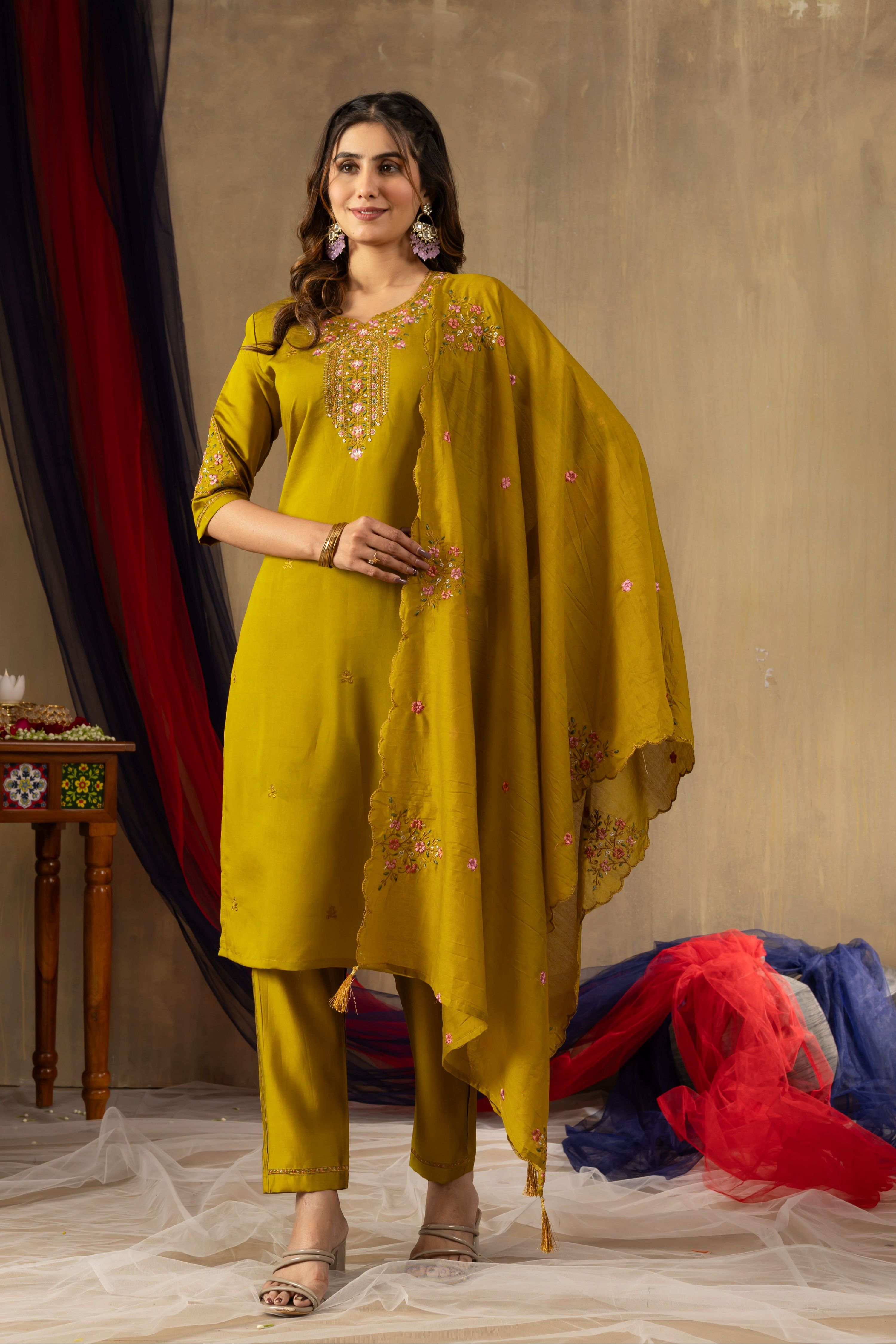Sonakshi Women's Mustard Roman Silk Multi Embroidered Sequins With Hand Work Kurta Set With Dupatta