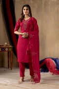 Sonakshi Women's Rani Pink Roman Silk Multi Embroidered Sequins With Hand Work Kurta Set With Dupatta