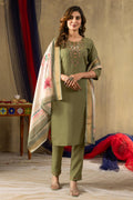 Sonakshi Women's Green Shimmer Gold Silk Multi Embroidered Sequins With Hand Work Kurta Set With Dupatta