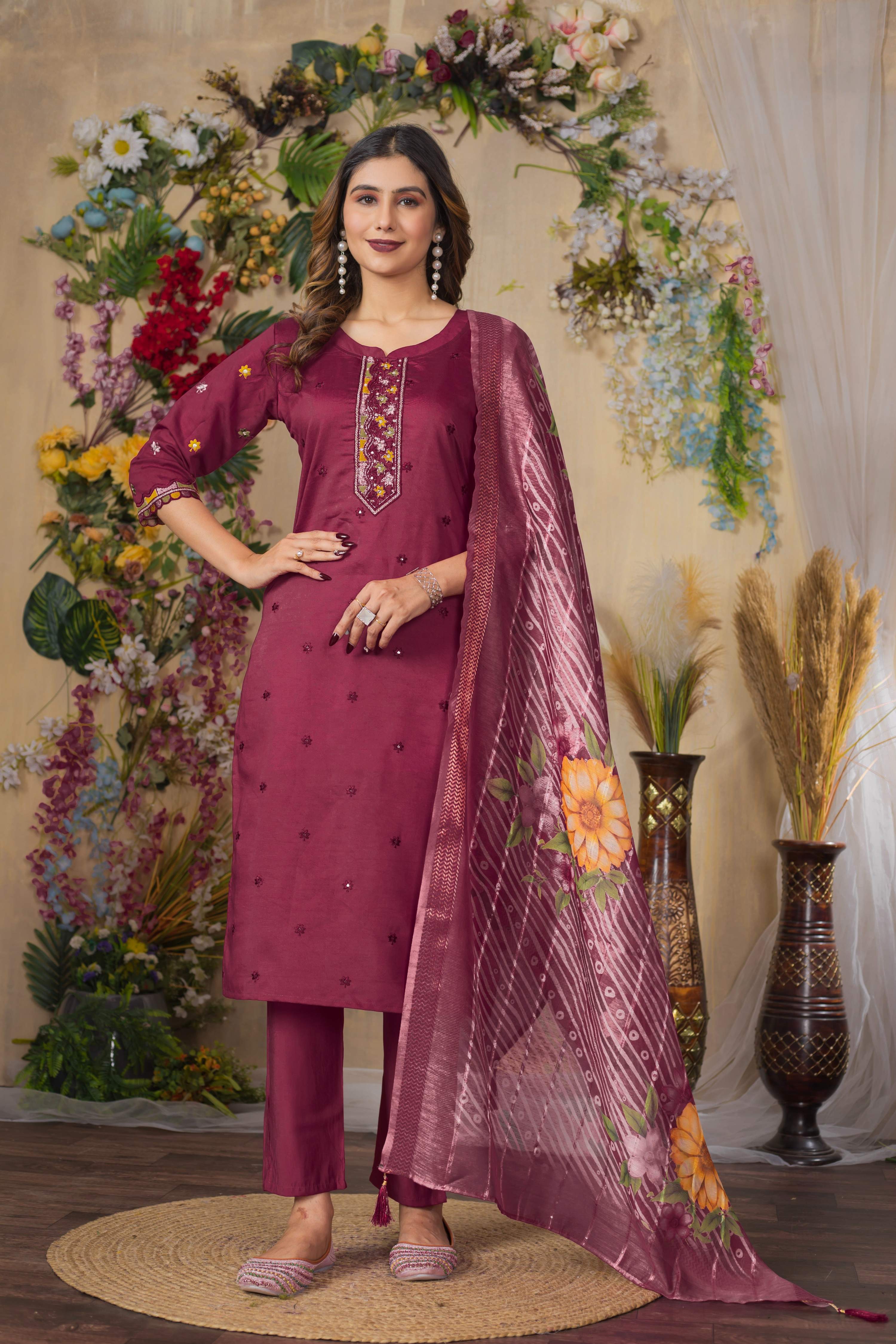 Sonakshi Women's Onion Roman Silk Multi Embroidered Sequins With Hand Work Kurta Set With Dupatta
