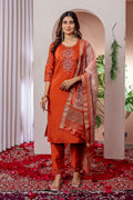 Sonakshi Women's Orange Viscose Silk Multi Embroidered Sequins With Hand Work Kurta Set With Dupatta