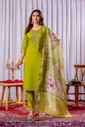 Sonakshi Women's Parrot Green Viscose Silk Multi Embroidered Sequins With Hand Work Kurta Set With Dupatta