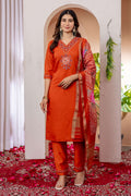 Sonakshi Women's Orange Marina Viscose Silk Multi Embroidered Sequins With Hand Work Kurta Set With Dupatta