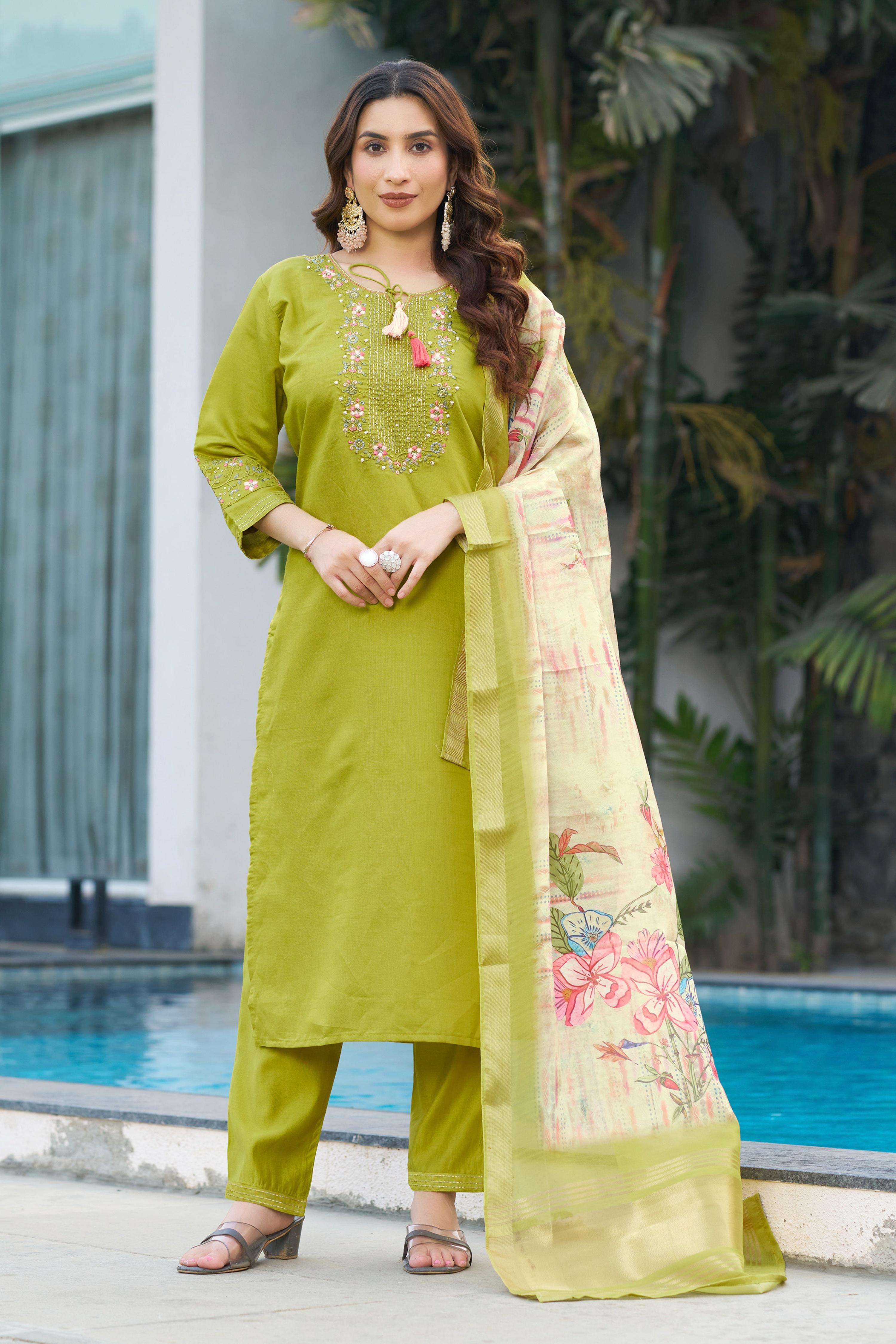 Sonakshi Women's Parrot Viscose Silk Multi Embroidered Thread With Hand Work Kurta Set With Dupatta