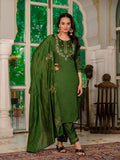 Sonakshi Women's Mehendi Marina Silk Multi Thread Embroidered With Hand Work Kurta Set With Dupatta