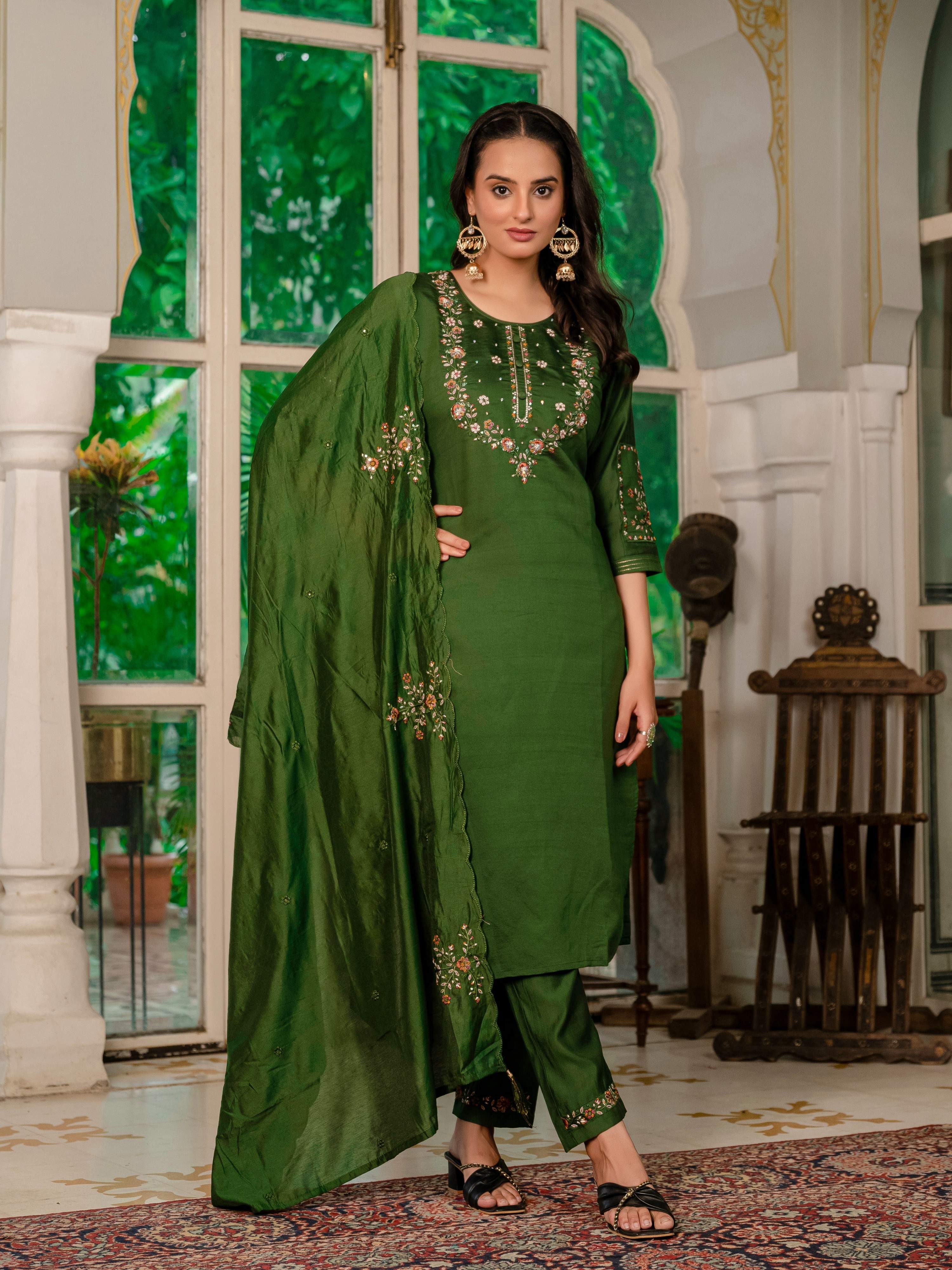 Sonakshi Women's Mehendi Marina Silk Multi Thread Embroidered With Hand Work Kurta Set With Dupatta