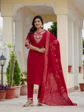 Sonakshi Women's Maroon Premium Roman Silk Coding Embroidered Work Kurta Set With Dupatta