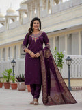 Sonakshi Women's Wine Premium Roman Silk Coding Embroidered Work Kurta Set With Dupatta