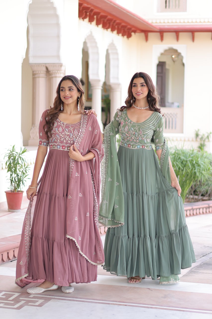 Sonakshi Women's Onion & Pista Faux Blooming With Sequins Multi Thread Beads Embroidered Work Anarkali Gown Set With Dupatta