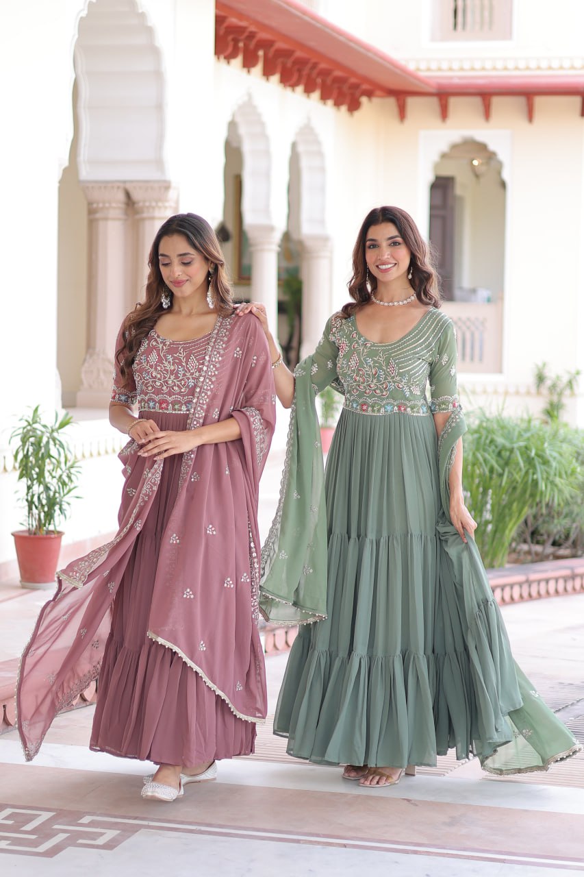 Sonakshi Women's Onion & Pista Faux Blooming With Sequins Multi Thread Beads Embroidered Work Anarkali Gown Set With Dupatta