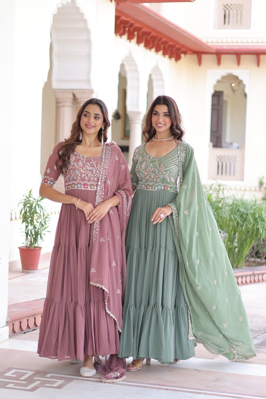 Sonakshi Women's Onion & Pista Faux Blooming With Sequins Multi Thread Beads Embroidered Work Anarkali Gown Set With Dupatta