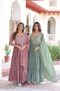 Sonakshi Women's Onion & Pista Faux Blooming With Sequins Multi Thread Beads Embroidered Work Anarkali Gown Set With Dupatta