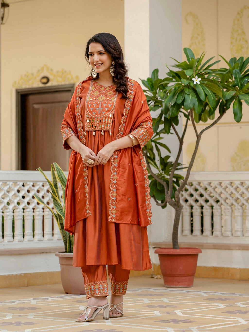 Sonakshi Women's Orrange Viscose Roman Silk With Multi Thread Embroidered With Mirror Hand Work Anarkali Gown Set With Dupatta