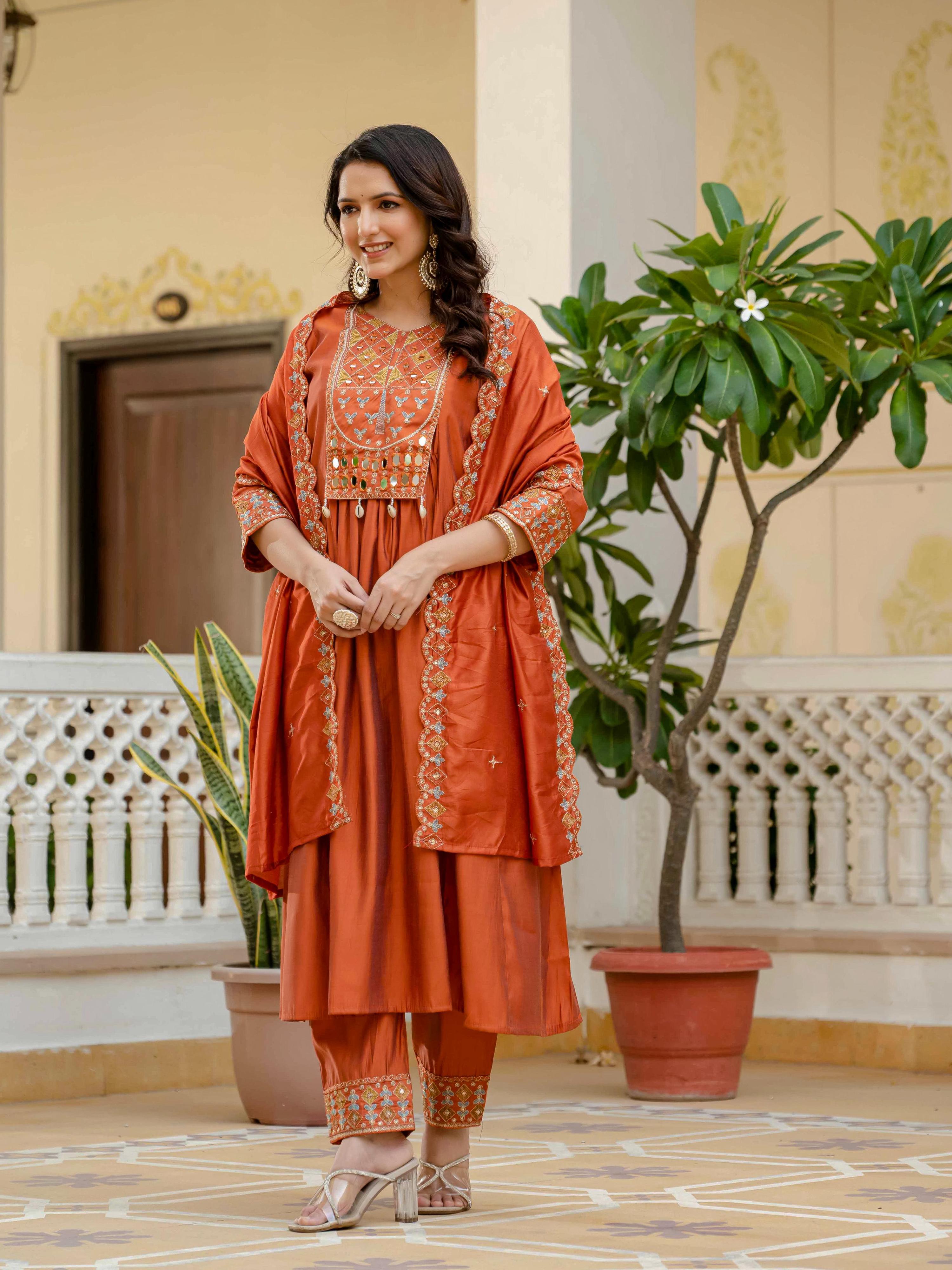 Sonakshi Women's Orrange Viscose Roman Silk With Multi Thread Embroidered With Mirror Hand Work Anarkali Gown Set With Dupatta