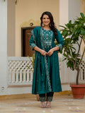 Sonakshi Women's Teal Viscose Roman Silk With Multi Thread Embroidered With Mirror Hand Work Anarkali Gown Set With Dupatta