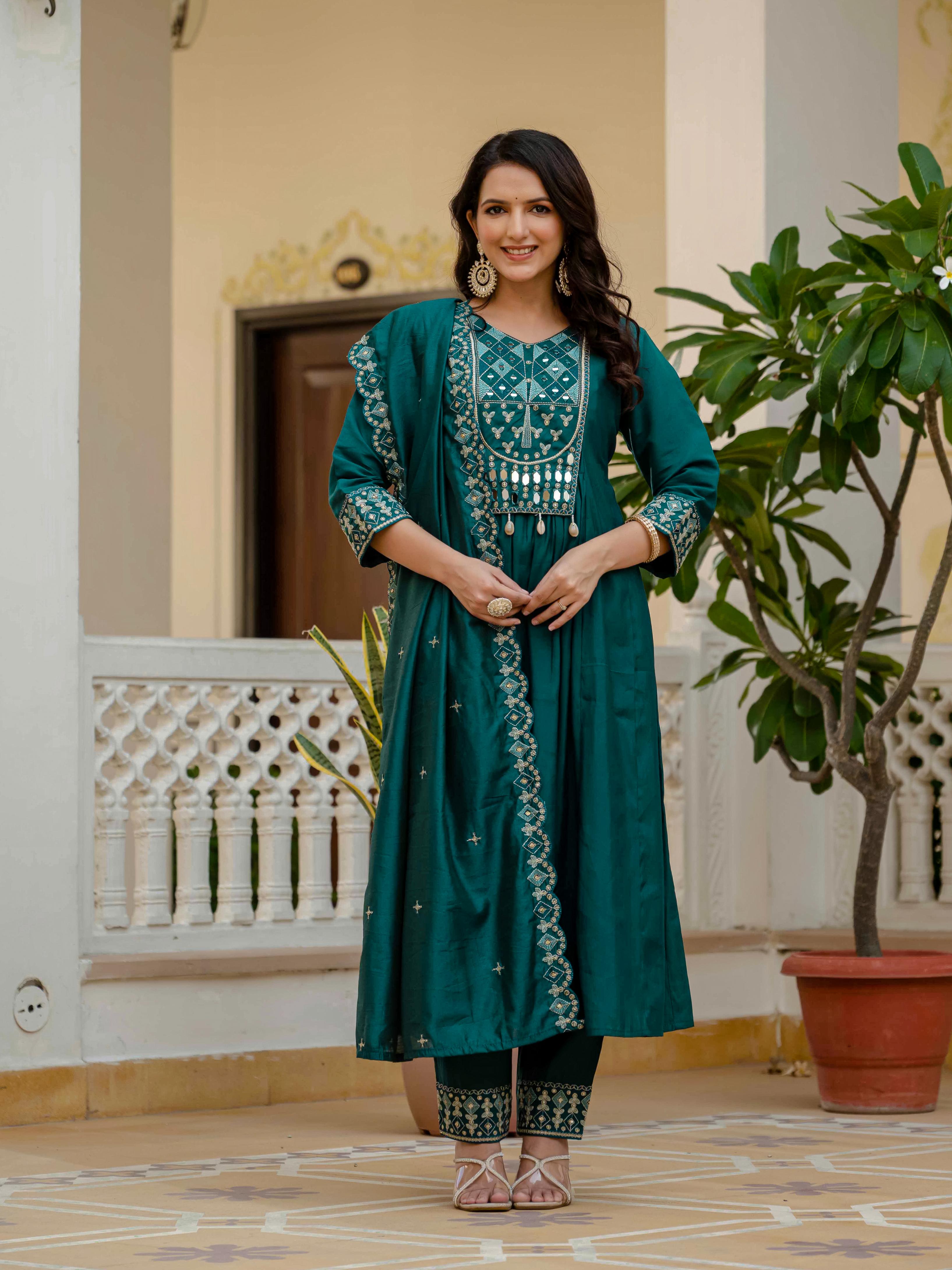 Sonakshi Women's Teal Viscose Roman Silk With Multi Thread Embroidered With Mirror Hand Work Anarkali Gown Set With Dupatta