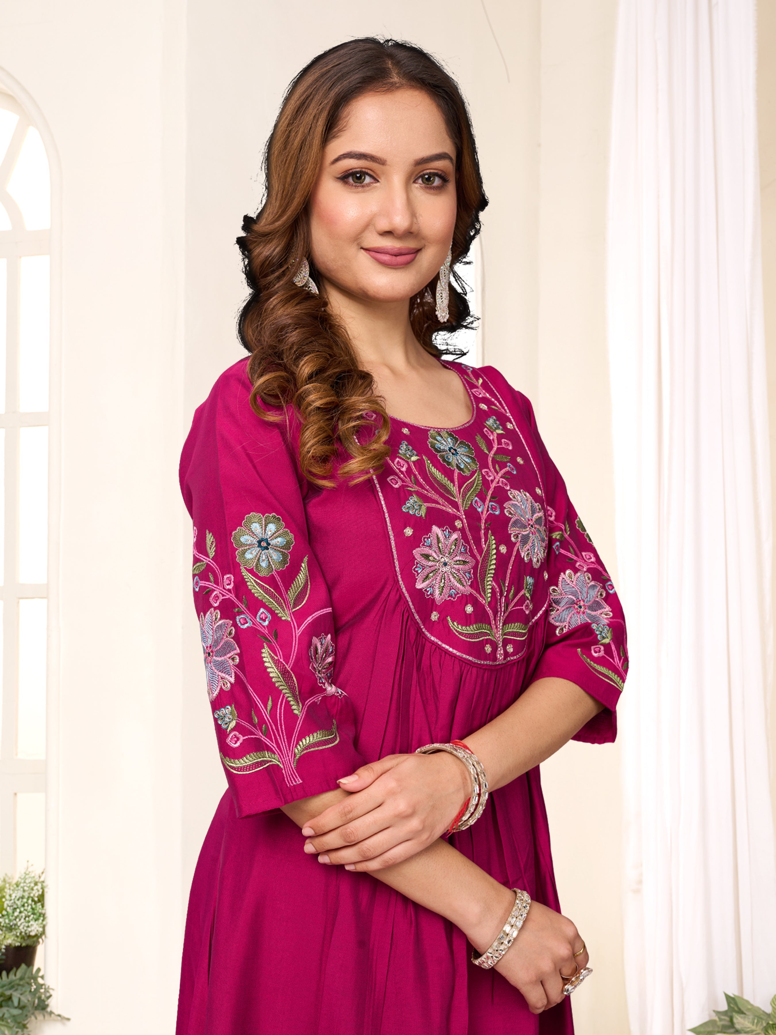 Sonakshi Women's Pink Viscose Roman Silk With Multi Thread Embroidered With Hand Work Anarkali Gown Set With Dupatta
