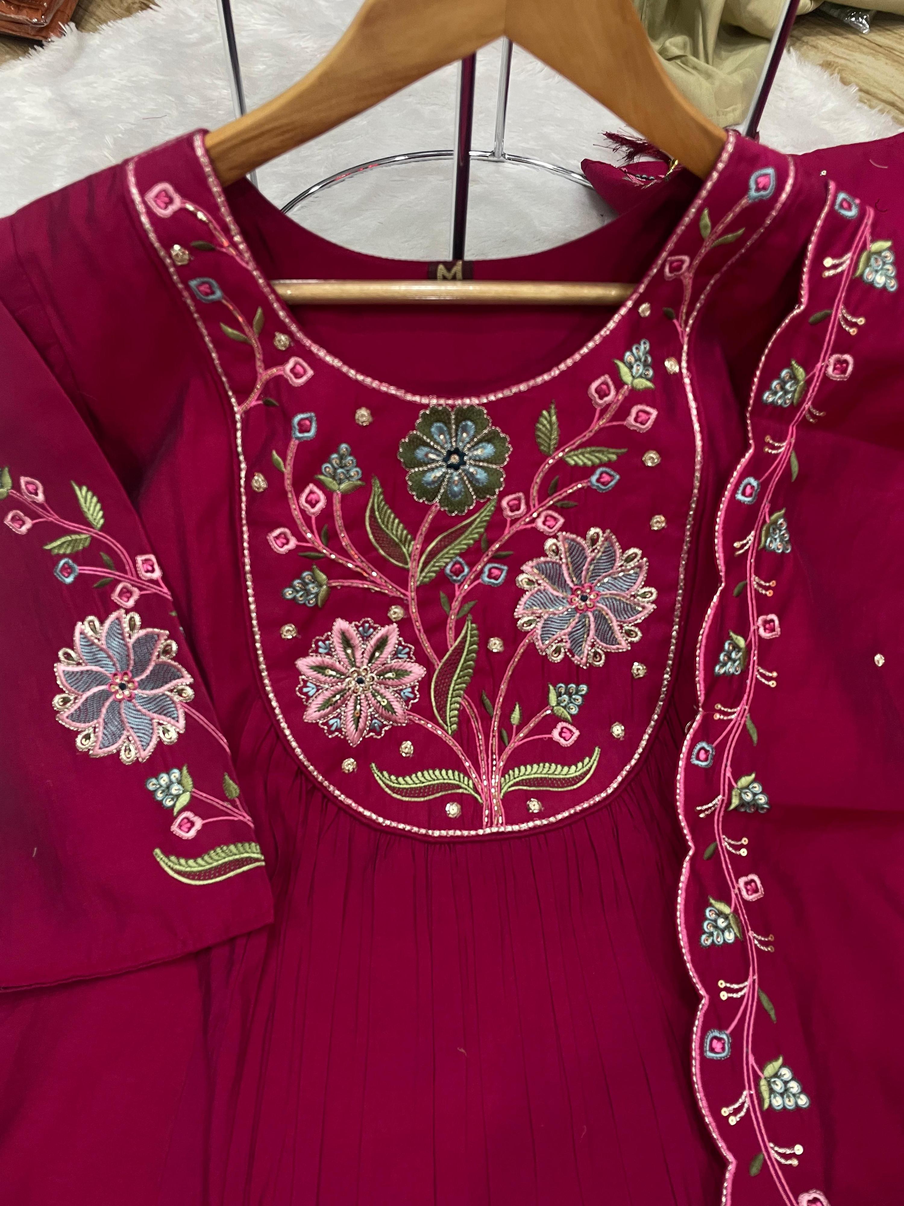 Sonakshi Women's Pink Viscose Roman Silk With Multi Thread Embroidered With Hand Work Anarkali Gown Set With Dupatta