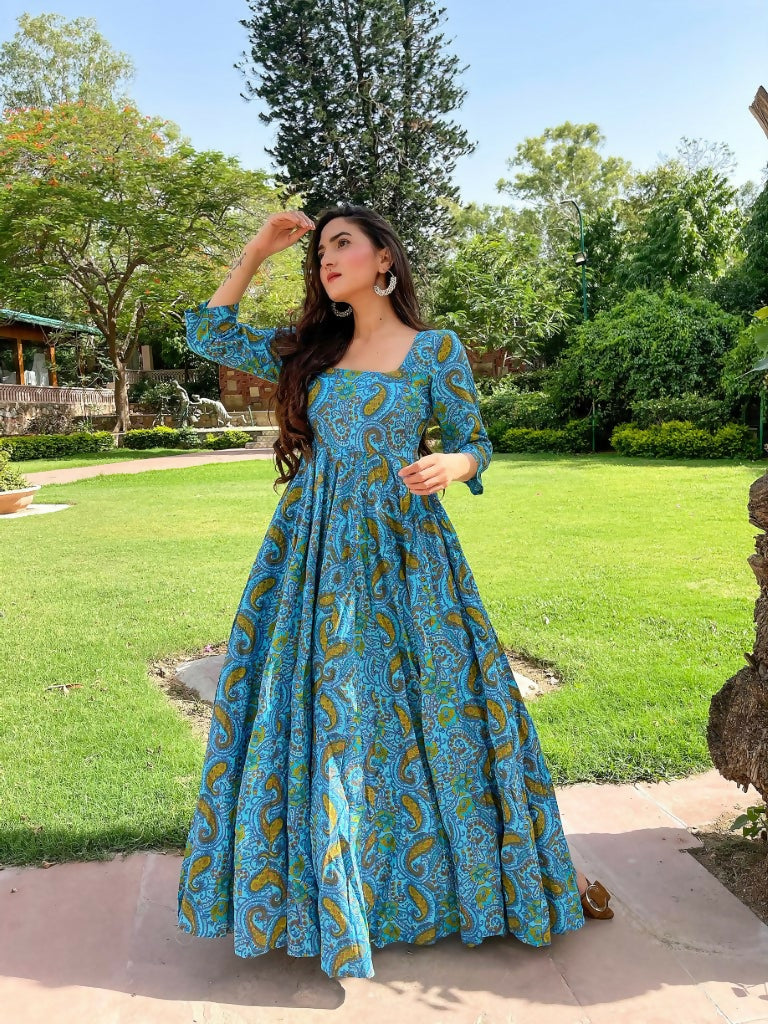 Jyoti Fashion Women's Turquoise Heavy Digital Printed Cotton Silk Anarkali Dress
