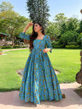 Jyoti Fashion Women's Turquoise Heavy Digital Printed Cotton Silk Anarkali Dress