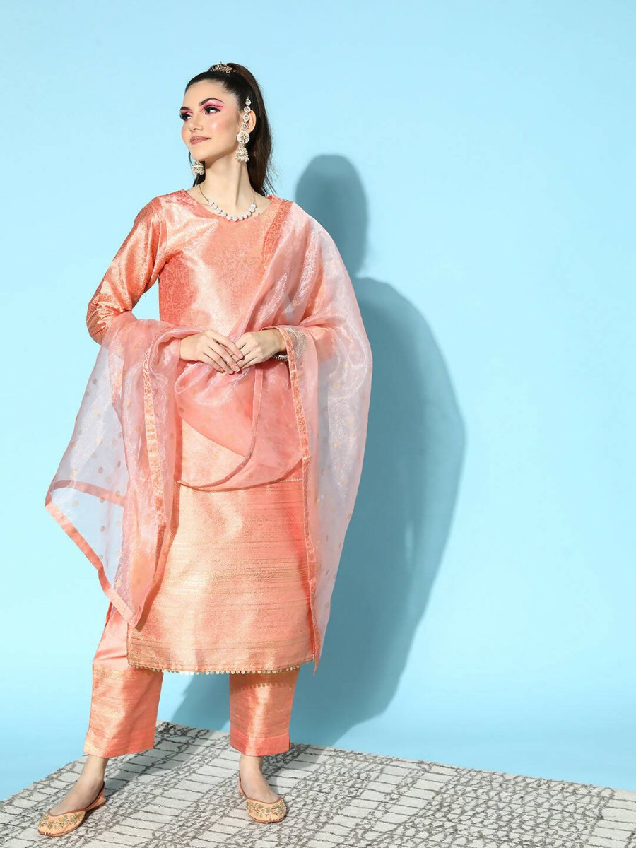 Ahalyaa Women's Peach Colour Poly Silk Printed Kurta Pant Set With Dupatta