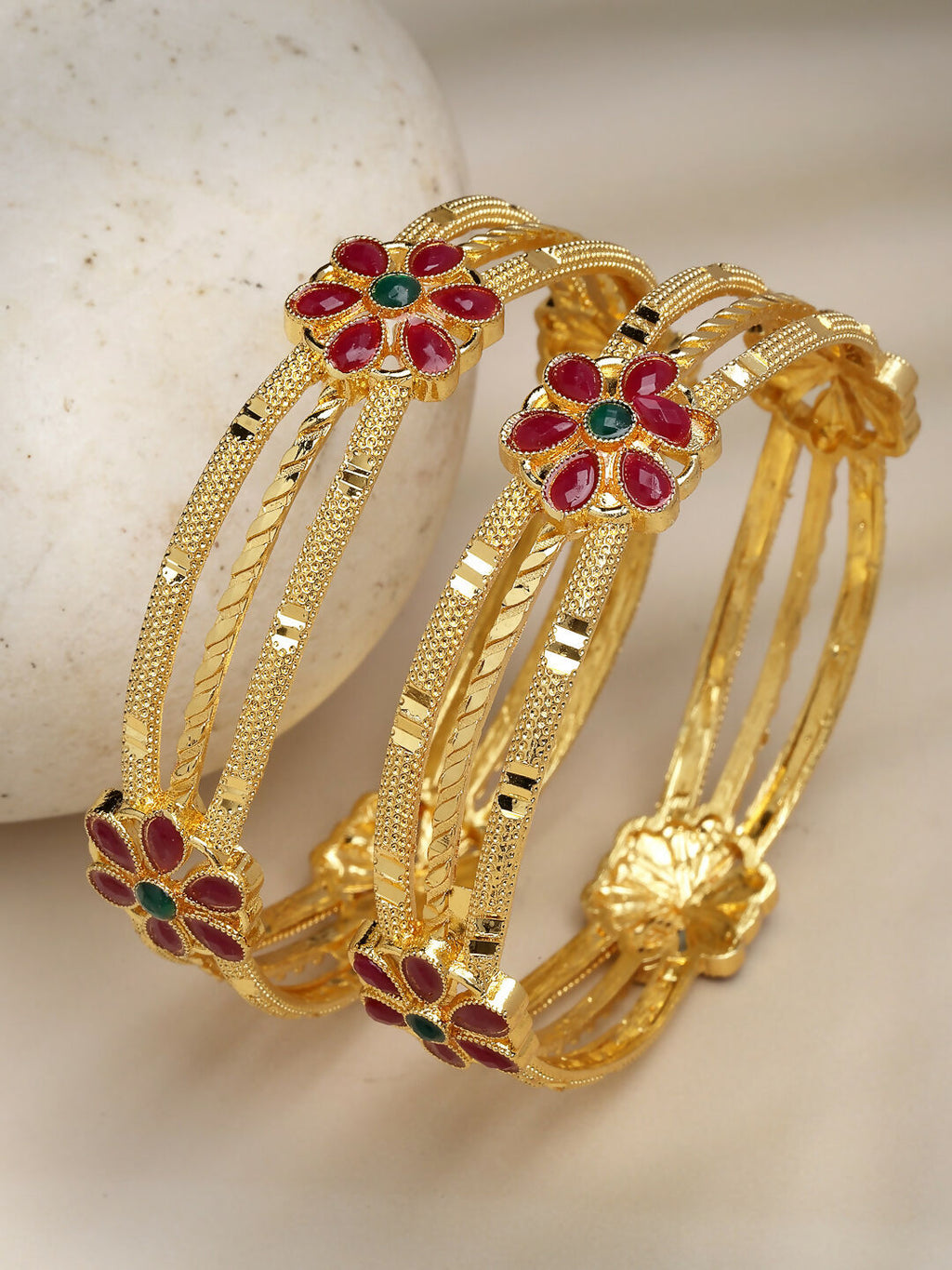NVR Women's Set of 2 Gold-Polished Artificial Stones Handcrafted Traditional Bangles