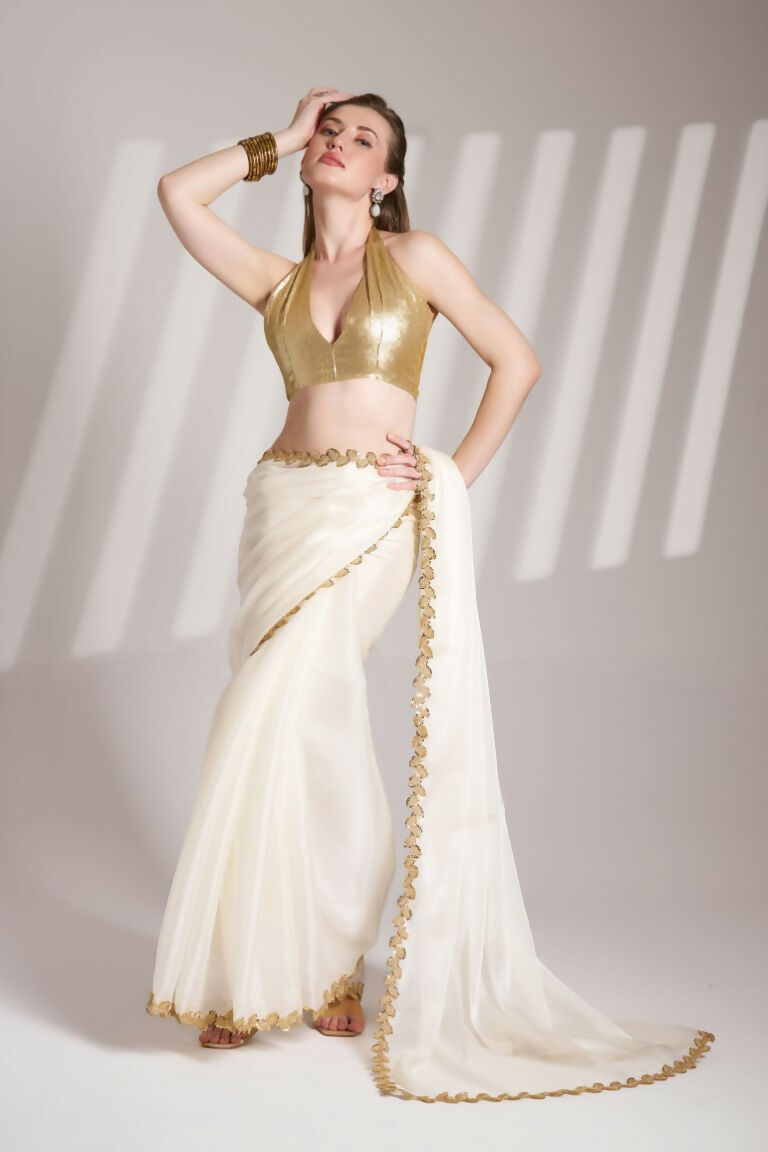 White Burberry Organza Solid Fancy Designer Saree - Nafisa