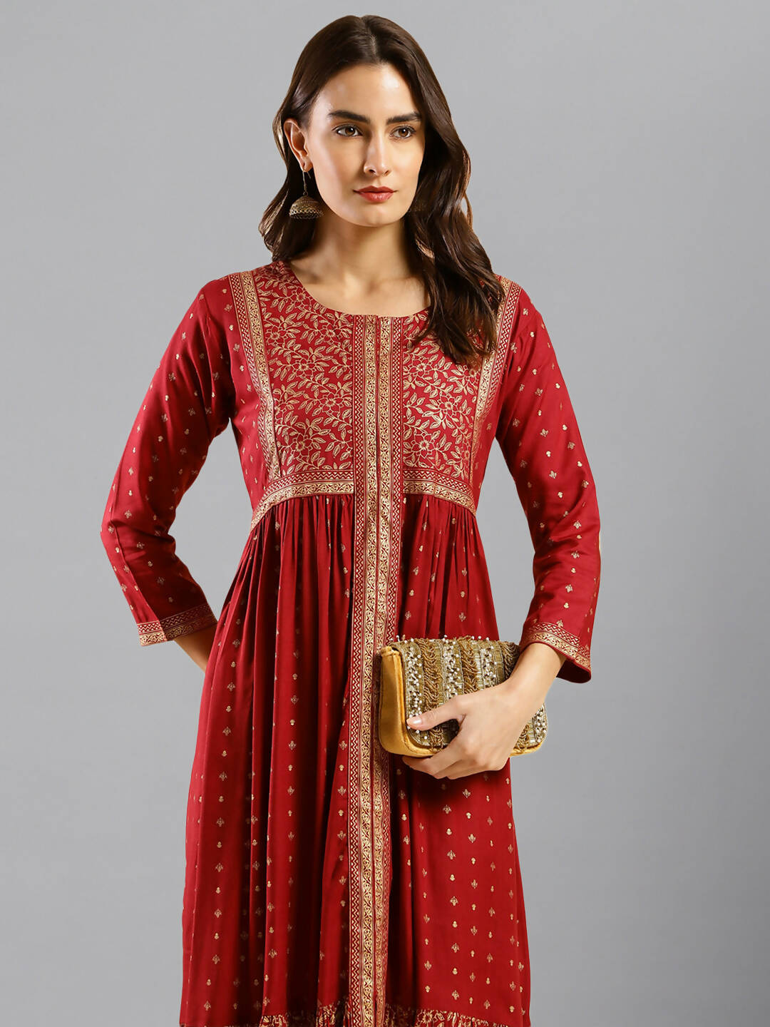 Maroon Viscose Rayon Ethnic Motifs Aline Dress - Poonam