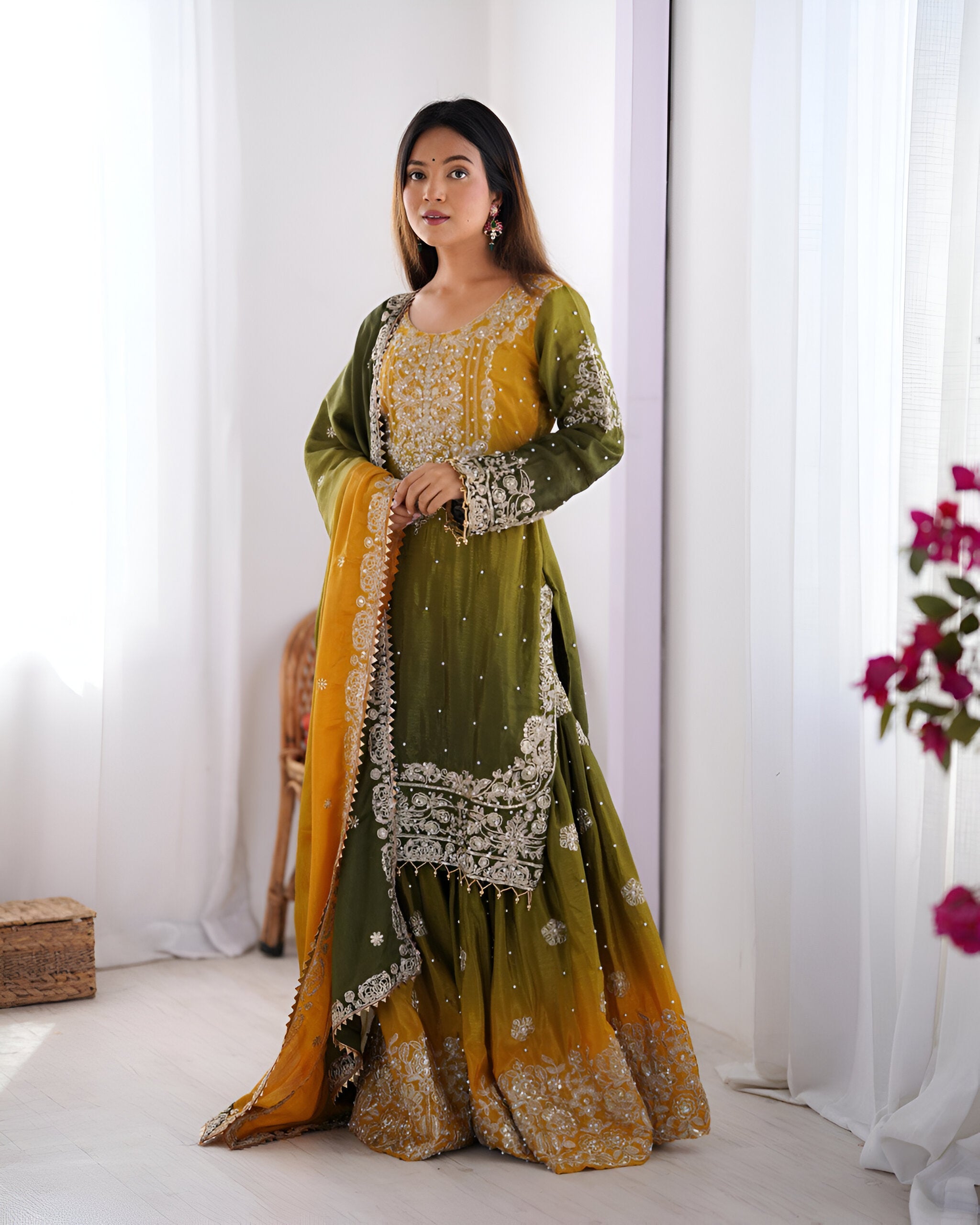 Lehenga Mart Designer Wedding Wear Palazzo Suit For Women - Mehndi