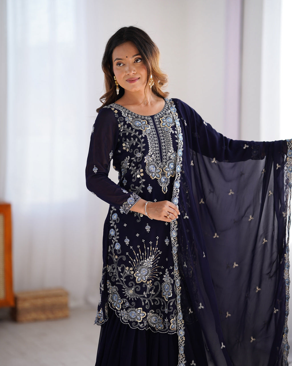 Lehenga Mart Navy Blue Faux Georgette Gorgeous Sharara Suit For Wedding Wear