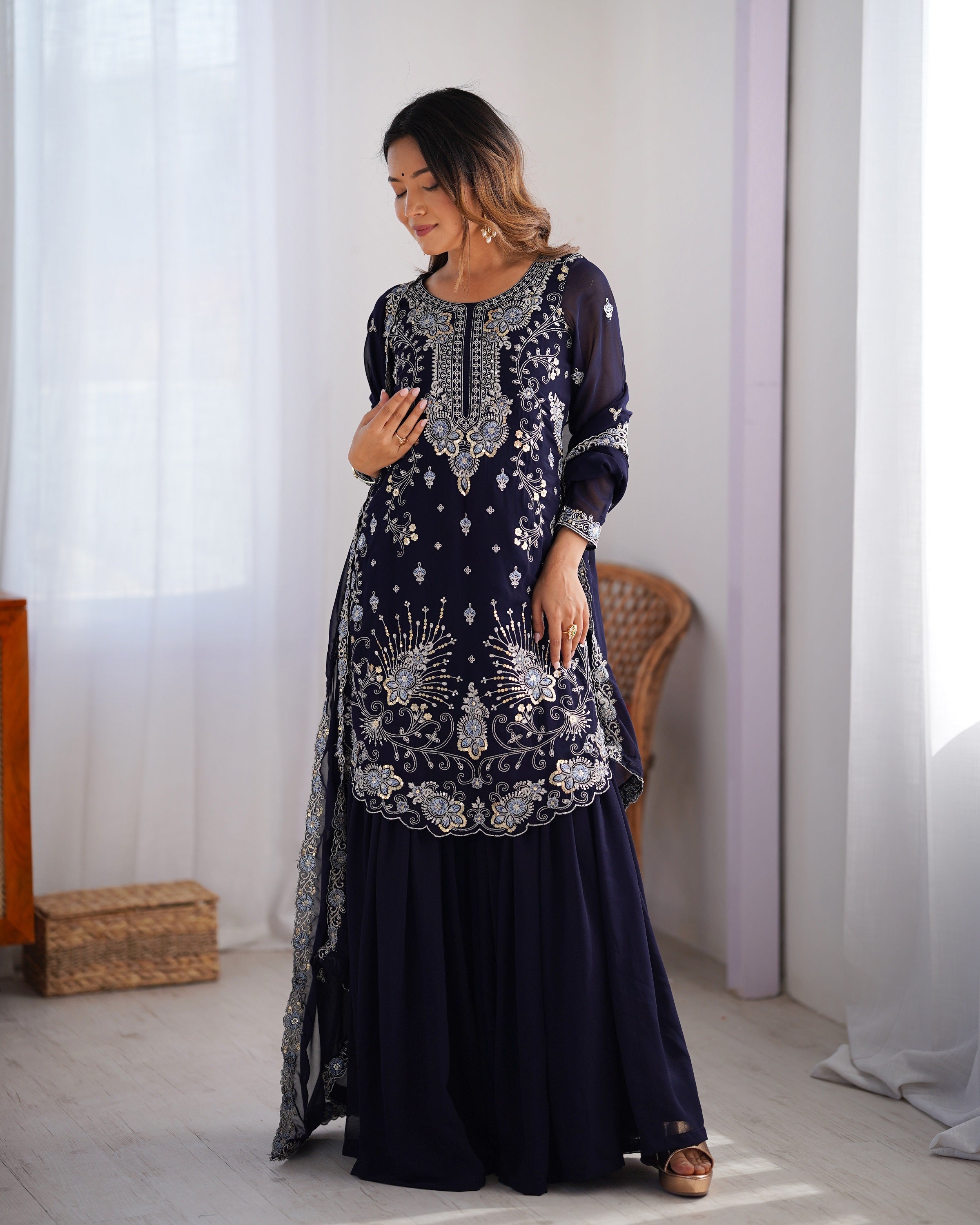 Lehenga Mart Navy Blue Faux Georgette Gorgeous Sharara Suit For Wedding Wear