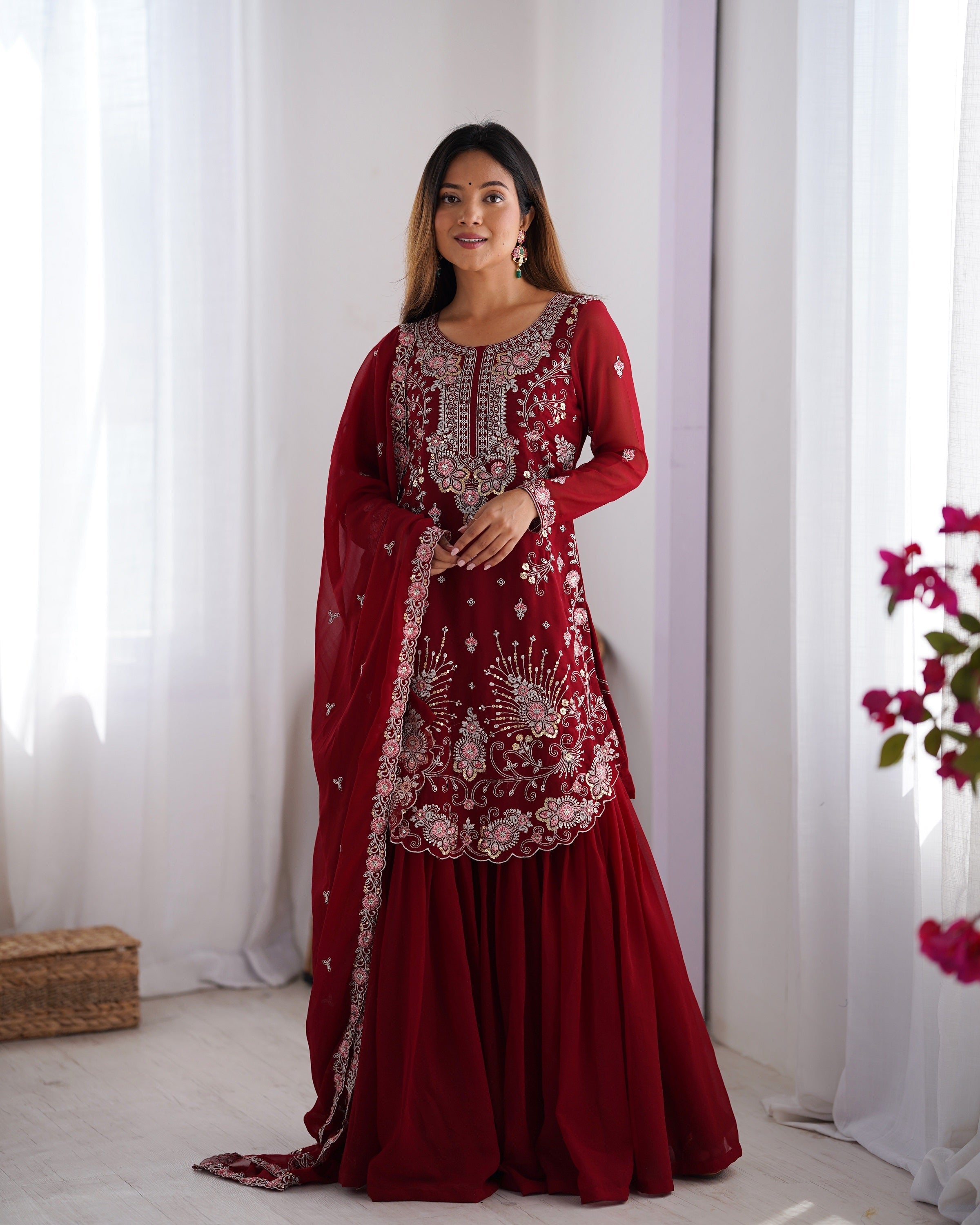 Lehenga Mart Red Faux Georgette Gorgeous Sharara Suit For Wedding Wear